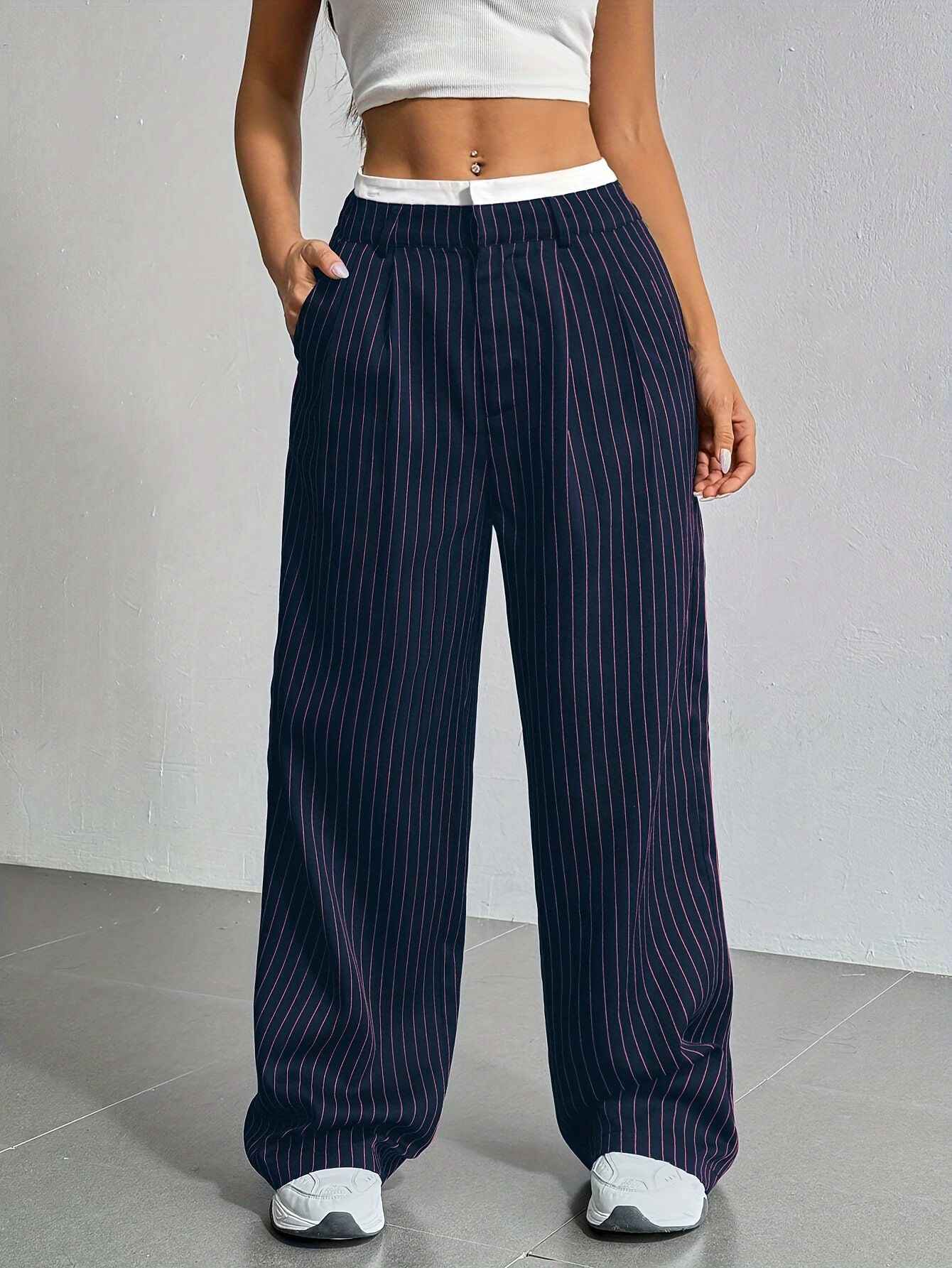 Selmirae® | Pantalon Droit Taille Haute à Rayures Élégantes