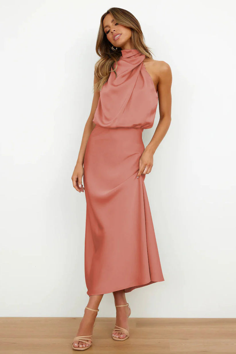 Orivelle® | Robe Longue Drapée Col Montant Chic Soirée