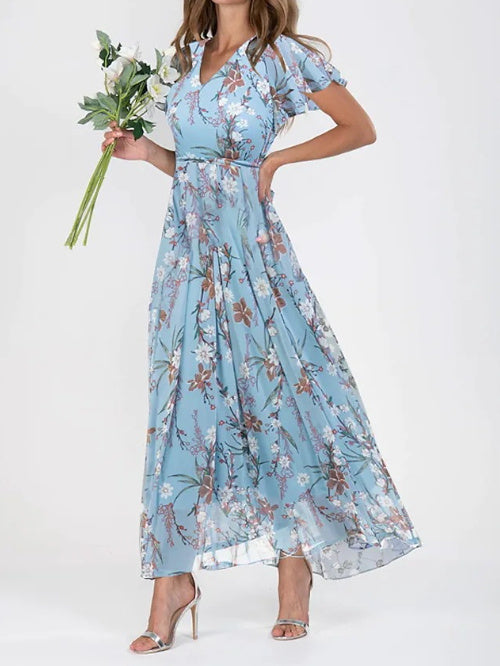 Floréane® | Robe Longue Évasée à Imprimé Floral et Manches Volantes