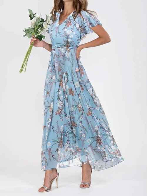 Floréane® | Robe Longue Évasée à Imprimé Floral et Manches Volantes