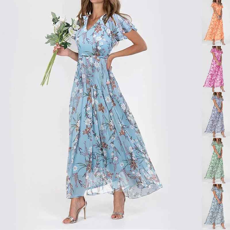 Floréane® | Robe Longue Évasée à Imprimé Floral et Manches Volantes