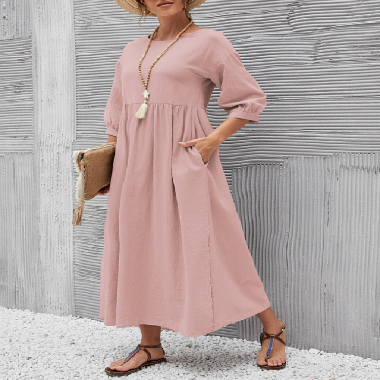 Liorenna® | Robe Courte Coton Col Rond Élégance Naturelle