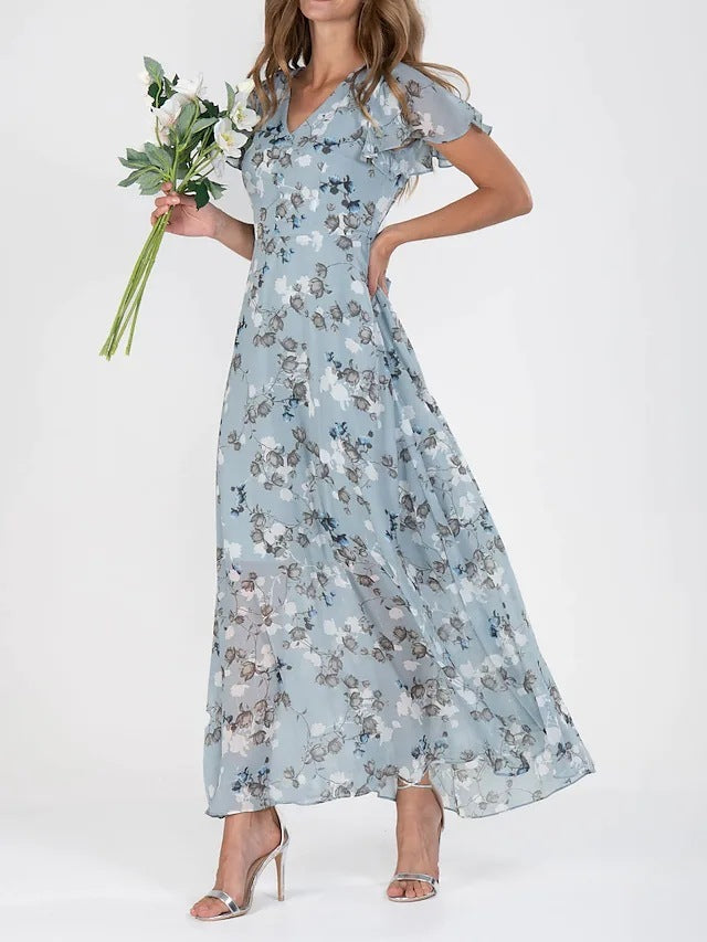 Floréane® | Robe Longue Évasée à Imprimé Floral et Manches Volantes