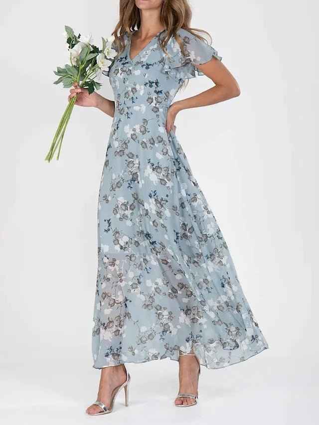 Floréane® | Robe Longue Évasée à Imprimé Floral et Manches Volantes