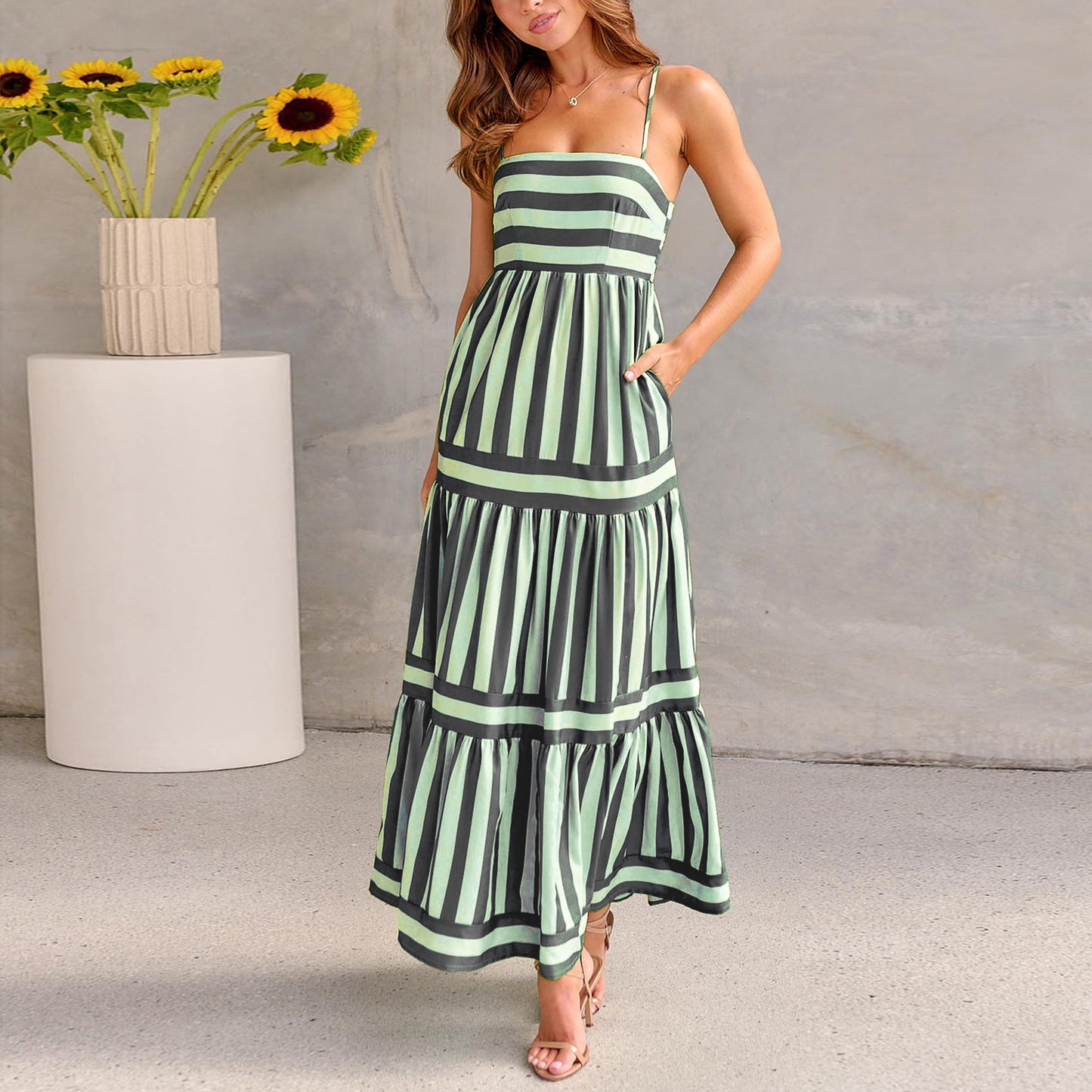 Oravelle® | Robe Longue à Bretelles Rayées avec Poches – Charme Estival