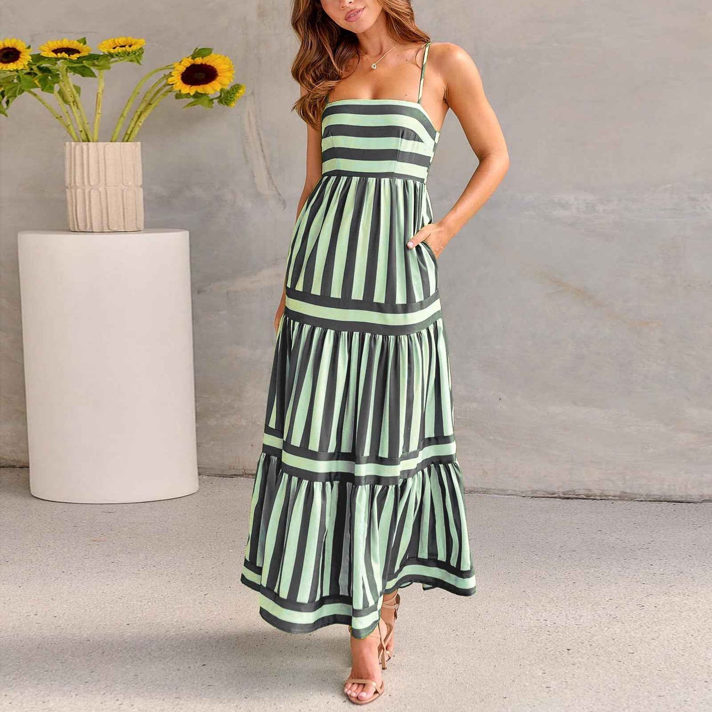 Oravelle® | Robe Longue à Bretelles Rayées avec Poches – Charme Estival
