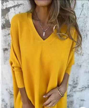 Chemise longue en maille à manches longues et col en V pour femme