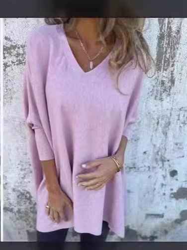 Chemise longue en maille à manches longues et col en V pour femme