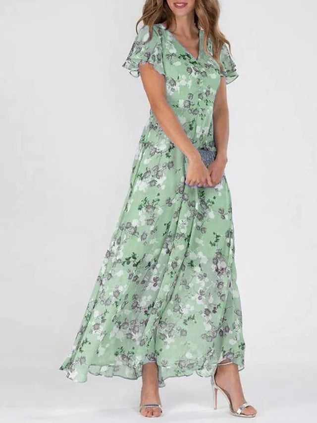 Floréane® | Robe Longue Évasée à Imprimé Floral et Manches Volantes