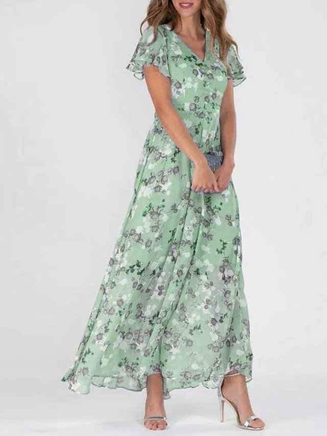Floréane® | Robe Longue Évasée à Imprimé Floral et Manches Volantes