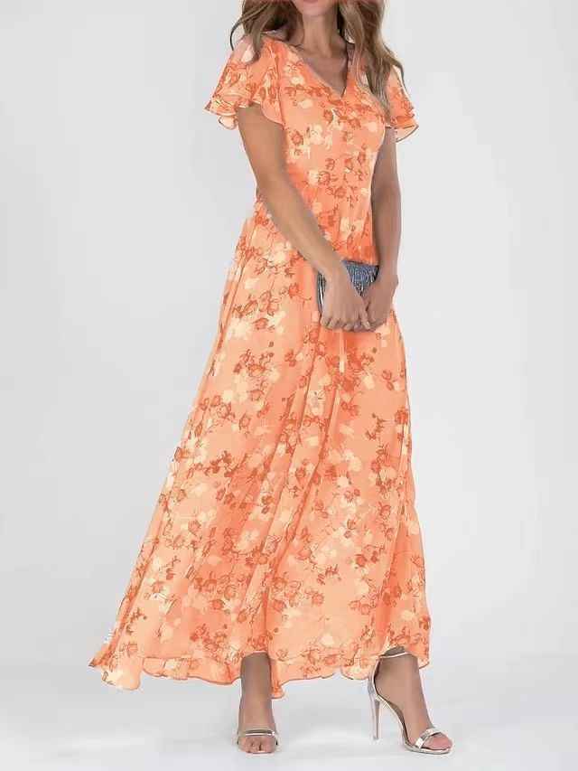 Floréane® | Robe Longue Évasée à Imprimé Floral et Manches Volantes
