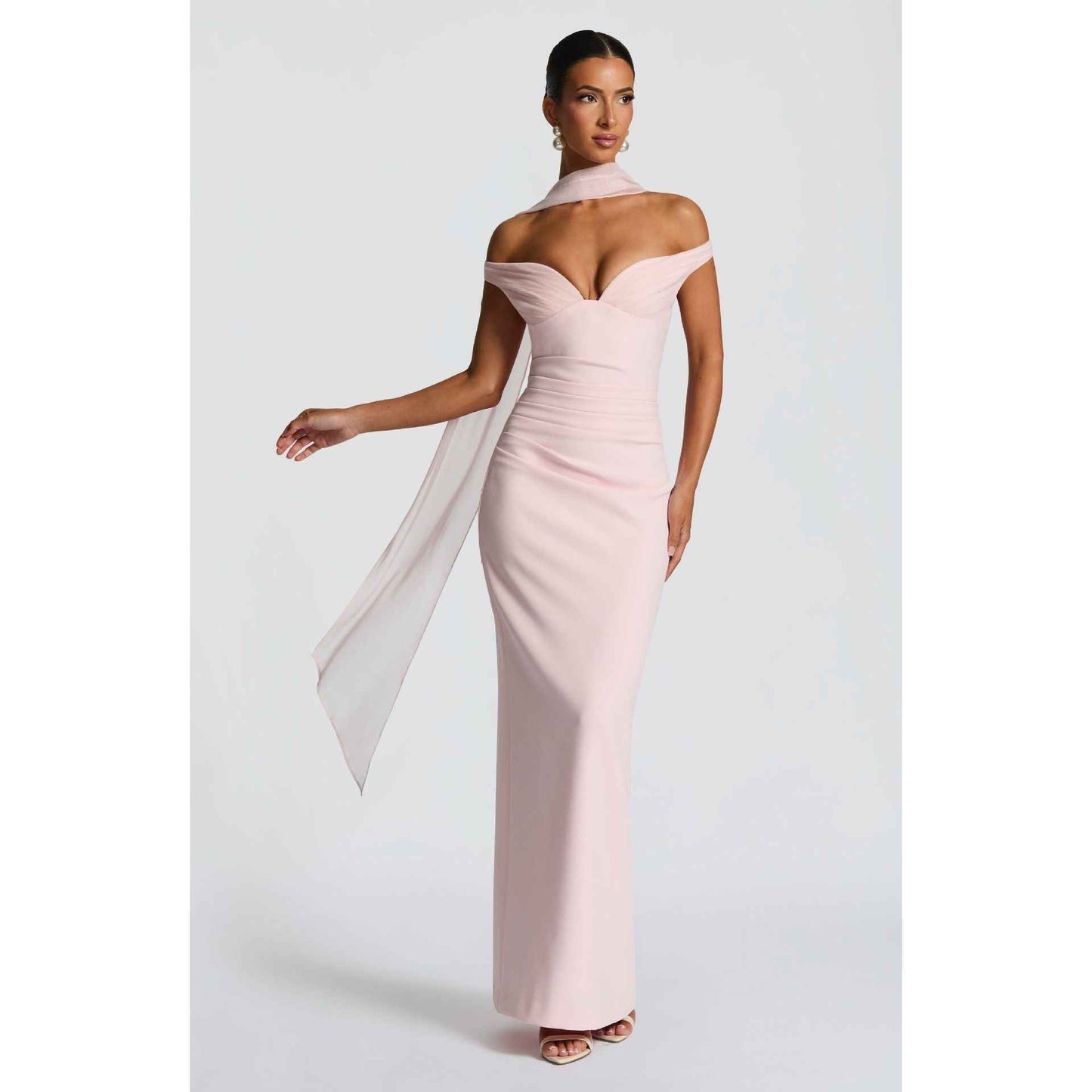 Robe Longue Sexy Épaules Dénudées – Taille Haute, Style Soirée Élégante (Rose & Marron)