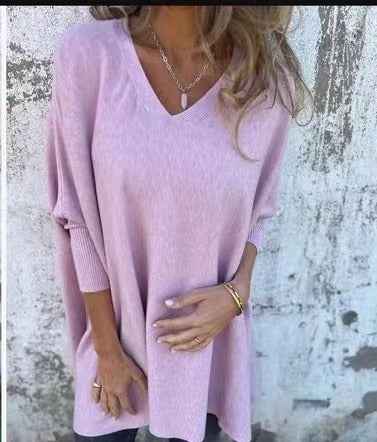 Chemise longue en maille à manches longues et col en V pour femme