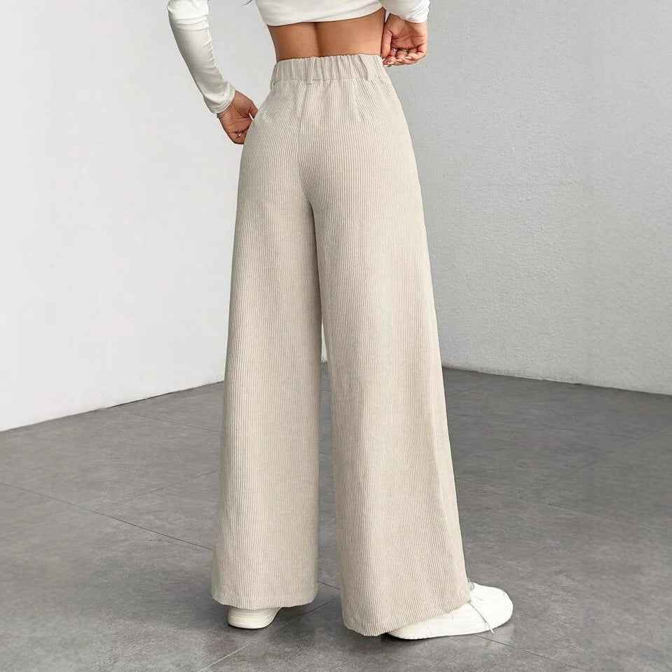 Pantalon femme taille haute ample effet amincissant, uni, coupe large style “mop”