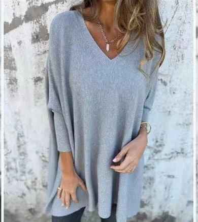Chemise longue en maille à manches longues et col en V pour femme
