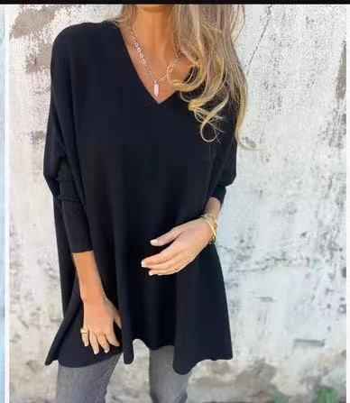 Chemise longue en maille à manches longues et col en V pour femme