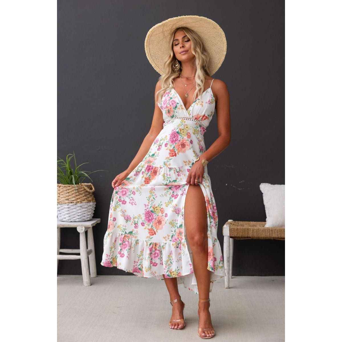 Women's Printed Suspender Slit Dress
