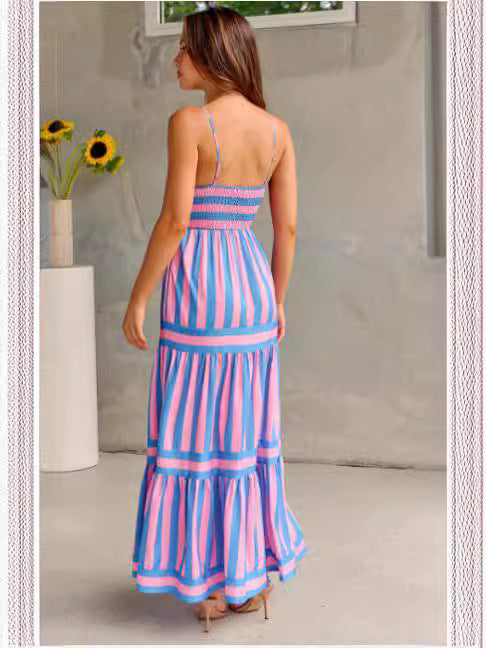 Oravelle® | Robe Longue à Bretelles Rayées avec Poches – Charme Estival