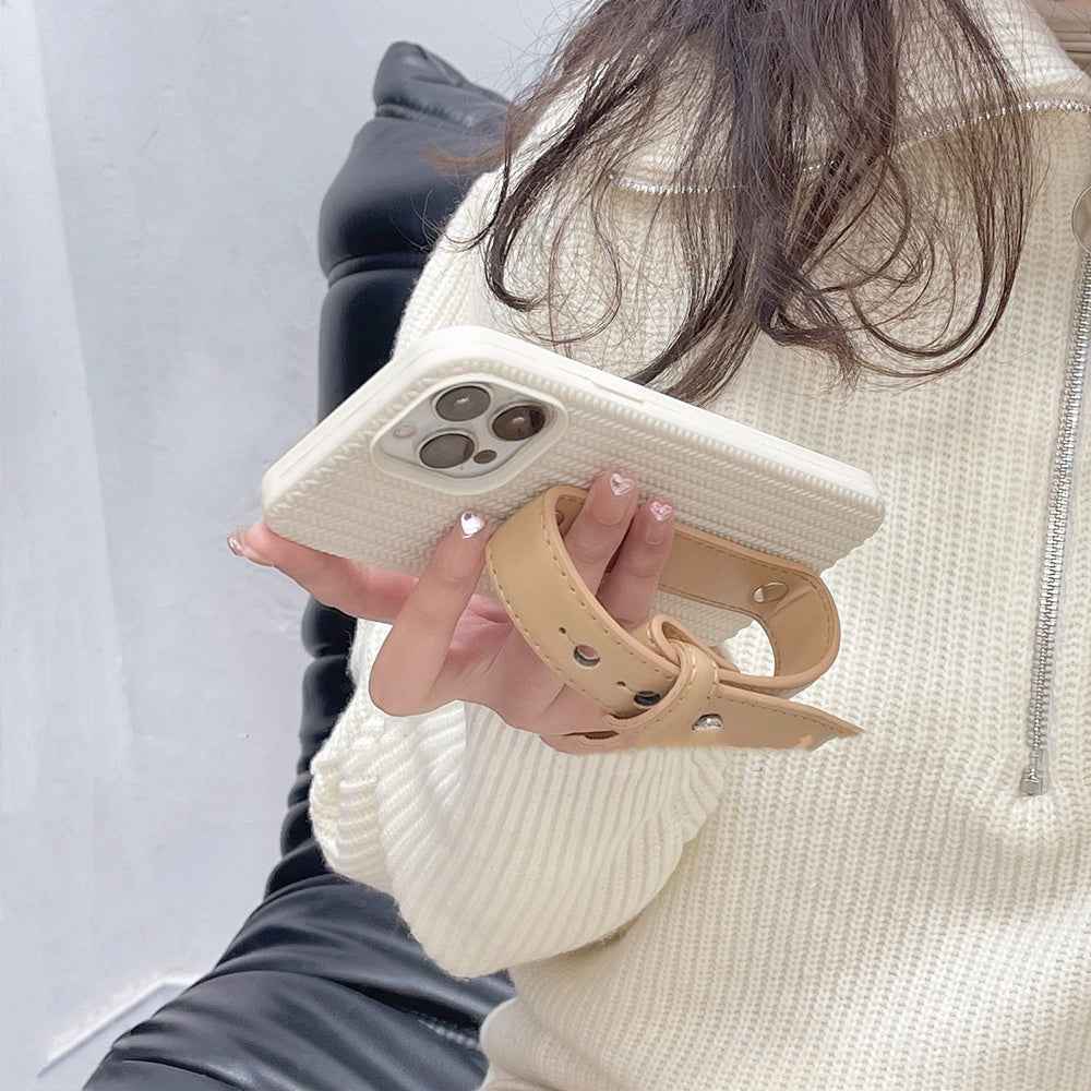 High Luxury Milk Apricot Twist Leather Wristband Phone Case