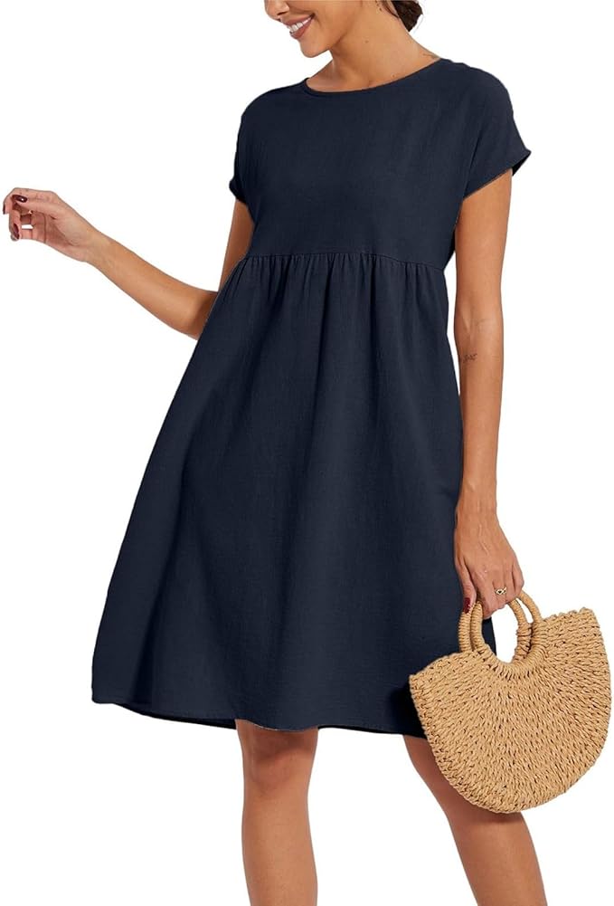 Liorenna® | Robe Courte Coton Col Rond Élégance Naturelle