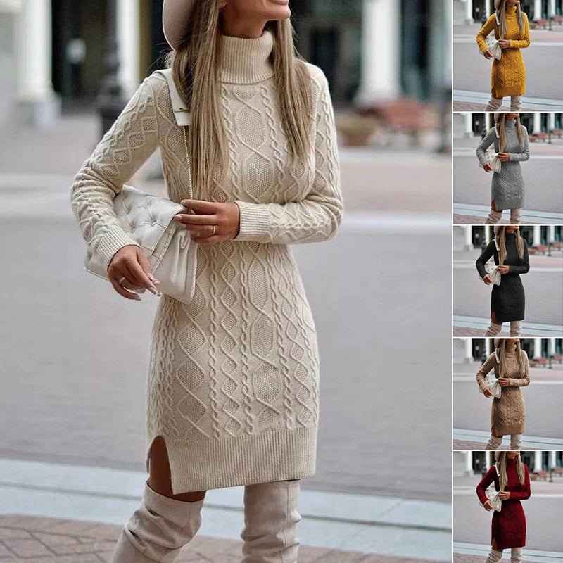 Adoptez le Look Parisien Féminin avec une Robe Pull Torsadée à Col Roulé pour un Hiver Chic - parlezmode.com