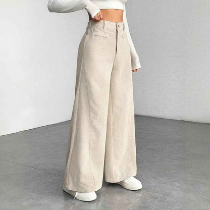 Pantalon femme taille haute ample effet amincissant, uni, coupe large style “mop”