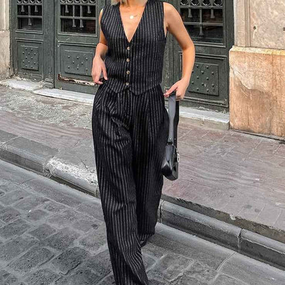 Striped Sleeveless Waistcoat Vest Trousers Suit Women