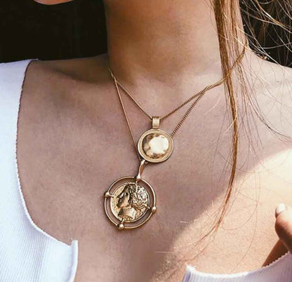 Vintage Gold Alloy Human Head Seal Disc Necklace