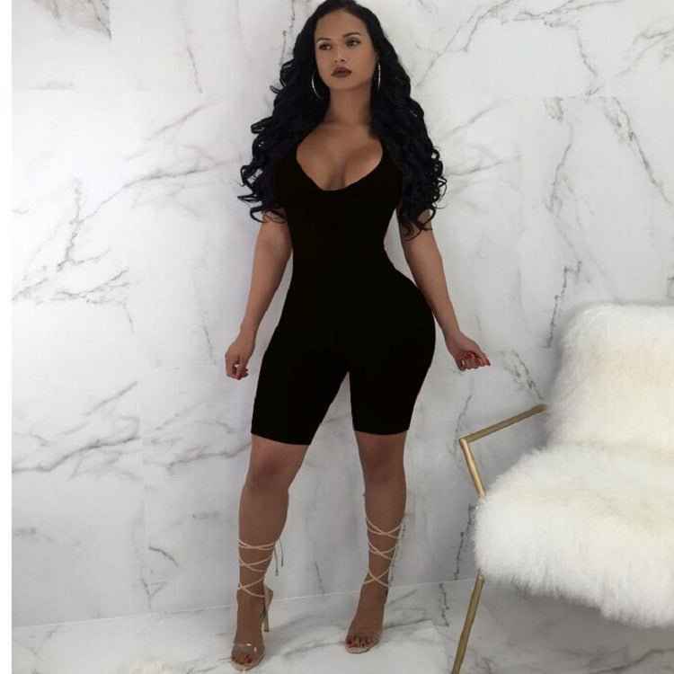 Women Sexy Sleeveless Strap V-neck Stretch Jumpsuit Romper Short Biker Shorts Bodysuit Leotard Backless Hollow Out Bodysuit Hot