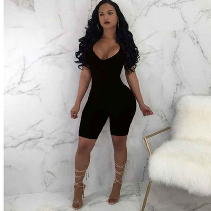 Women Sexy Sleeveless Strap V-neck Stretch Jumpsuit Romper Short Biker Shorts Bodysuit Leotard Backless Hollow Out Bodysuit Hot