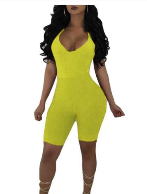 Women Sexy Sleeveless Strap V-neck Stretch Jumpsuit Romper Short Biker Shorts Bodysuit Leotard Backless Hollow Out Bodysuit Hot