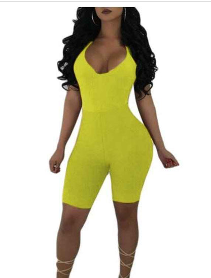 Women Sexy Sleeveless Strap V-neck Stretch Jumpsuit Romper Short Biker Shorts Bodysuit Leotard Backless Hollow Out Bodysuit Hot