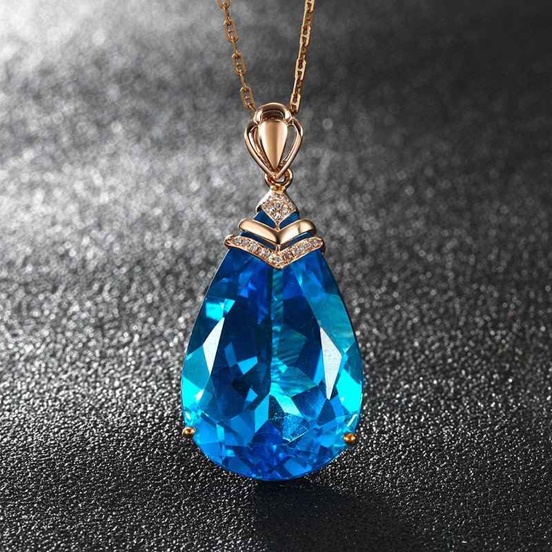 Factory-issued Pear-shaped Sapphire Pendant European And American Color Sapphire Blue Crystal Clavicle Chain Rose Gold Topaz Necklace