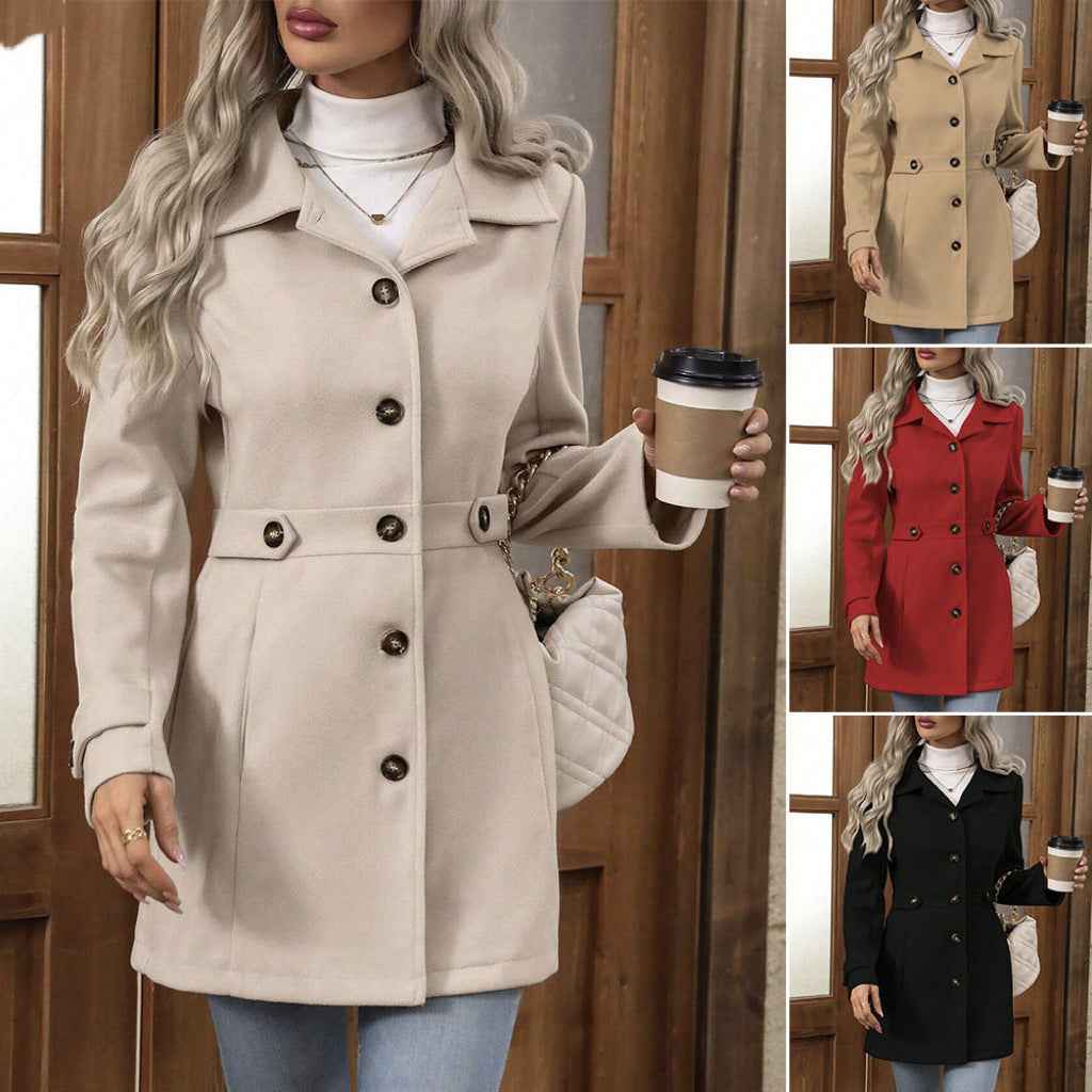 Elegant Single - breasted Woolen Coat Buttons Lapel Mid - length Jacket Temperament Commuter Outwear Clothing For Women - parlezmode.com