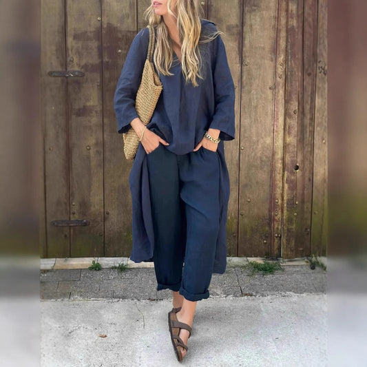 Nivalora® | Ensemble Décontracté Élégant 2 Pièces Col V & Pantalon Large