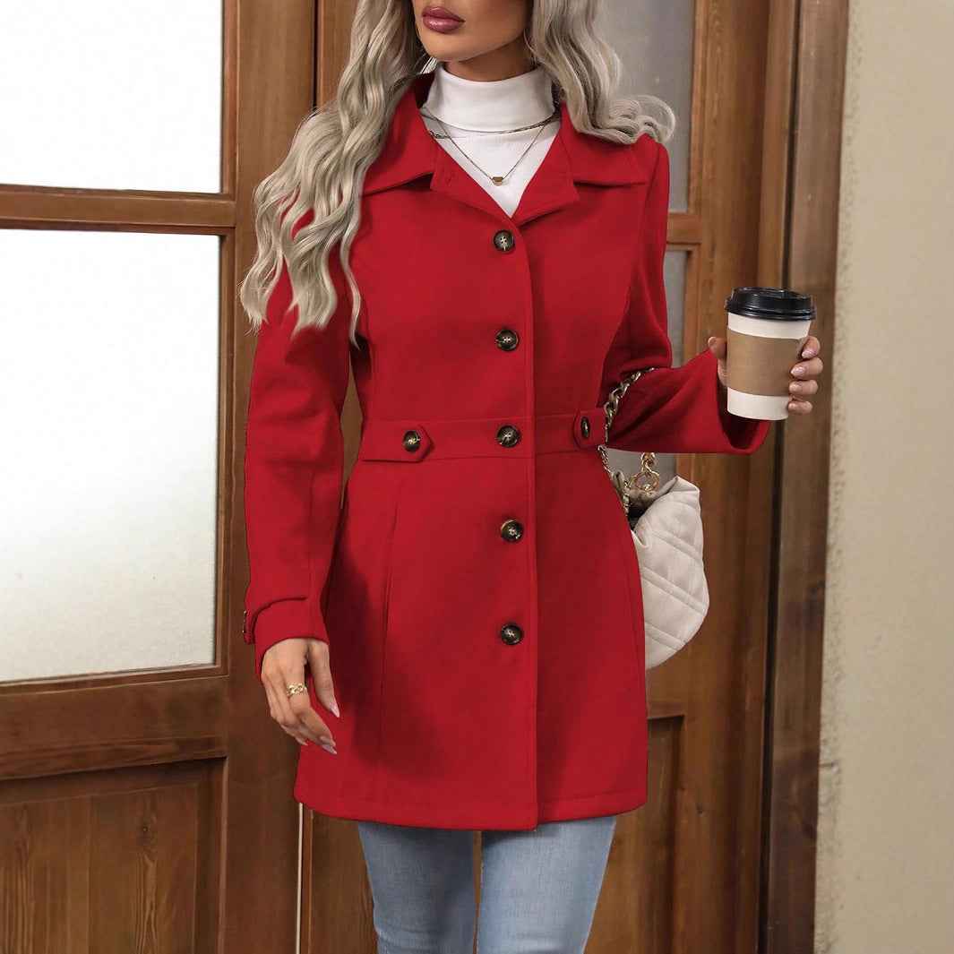 Elegant Single - breasted Woolen Coat Buttons Lapel Mid - length Jacket Temperament Commuter Outwear Clothing For Women - parlezmode.com