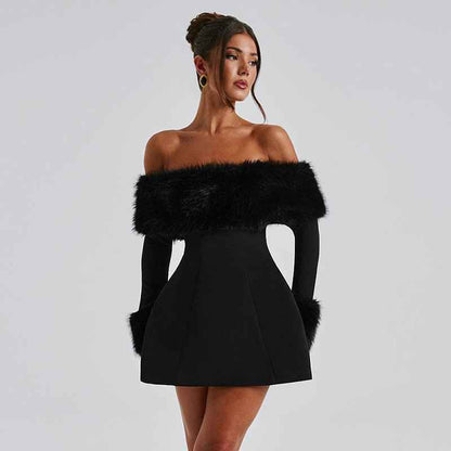 Women's Off-shoulder Fur Collar A- Line Short Dress