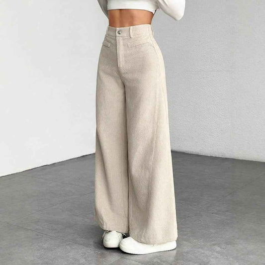 Pantalon femme taille haute ample effet amincissant, uni, coupe large style “mop”