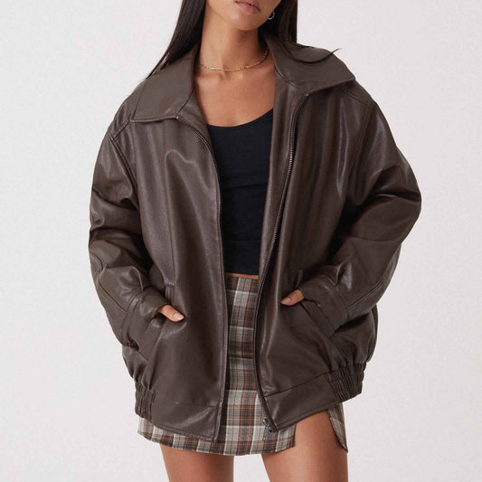 Veste en cuir style motard européenne et américaine coupe ample pour femme (printemps et automne)