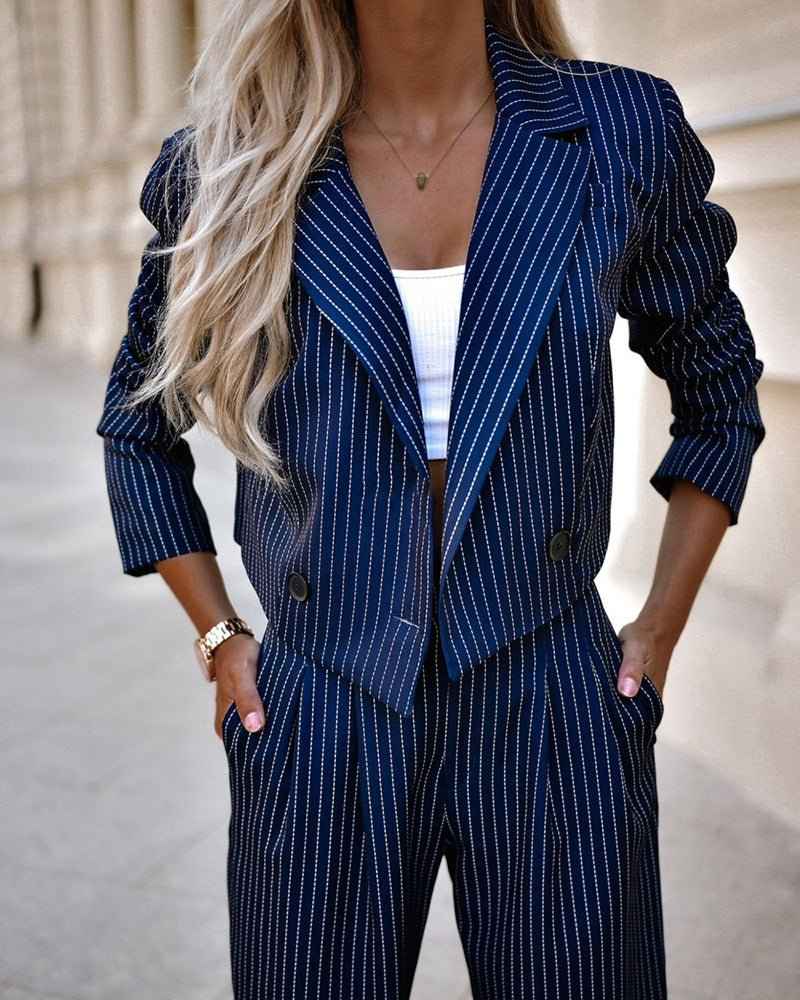 Women's Spring Fashion Striped Suits Casual Lapel Long Sleeve Cropped Top And Straight Pants Outfits Women's Clothing