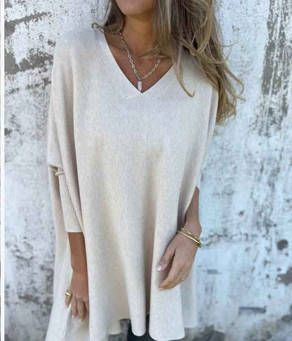 Chemise longue en maille à manches longues et col en V pour femme