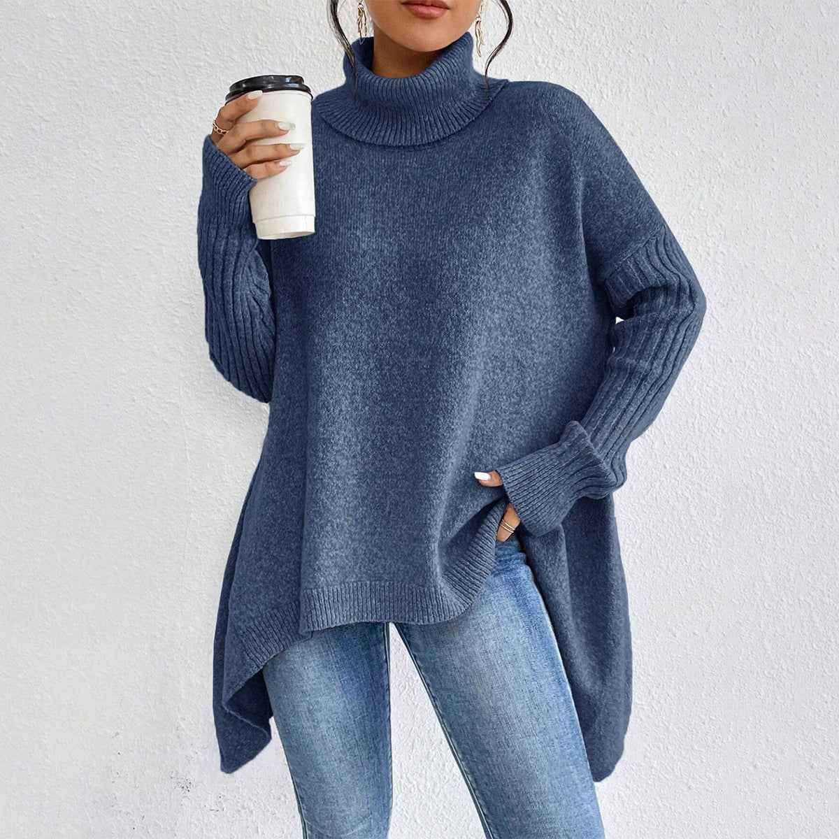 Irregular Turtleneck Sweater Winter Loose Long Sleeve Knitted Tops Leisure Warm Pullover Sweater Women's Clothing - parlezmode.com