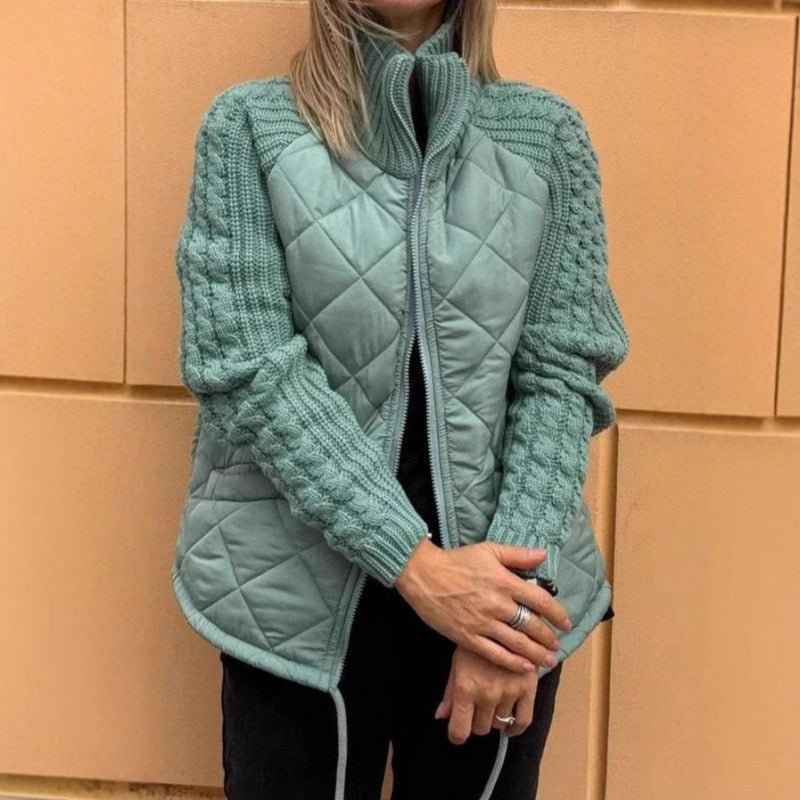 Winter Stand Collar Cotton Jacket With Pockets Fashion Knitted Stitching Zipper Coat Warm Tops For Women Clothing