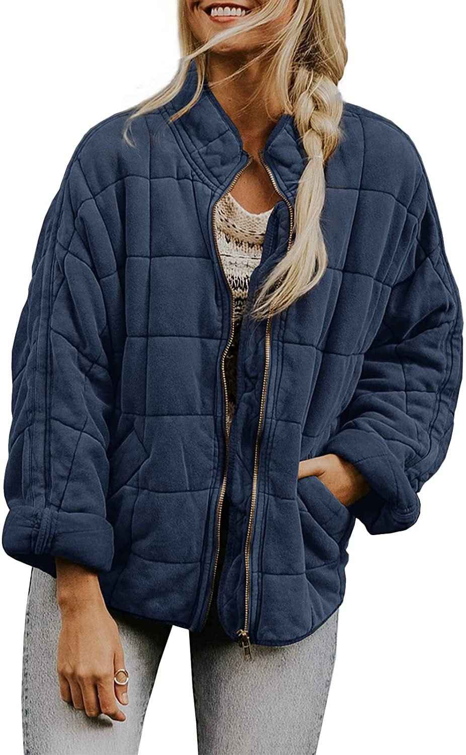Winter Zip-up Stand Collar Coat With Pockets Fashion Solid Color Plaid Long Sleeved Jacket Women's Clothing