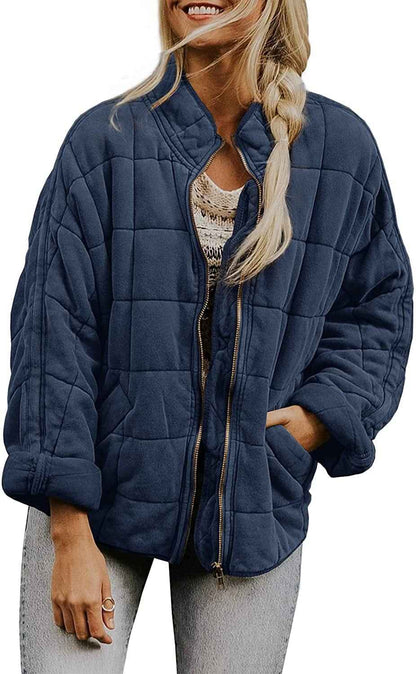 Winter Zip-up Stand Collar Coat With Pockets Fashion Solid Color Plaid Long Sleeved Jacket Women's Clothing