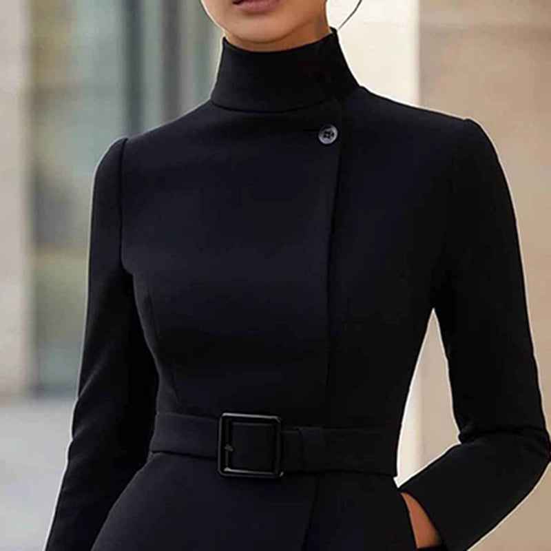 Women's Stand Collar Long Sleeve Dress, Elegant High Waist Belted Midi Dress, Slim Fit Office Formal Dress - parlezmode.com