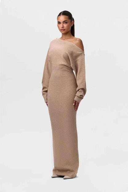 Ins Slim Long Sleeve Knitted Dress Evening Party Sexy Off-shoulder Bodycon Long Dresses