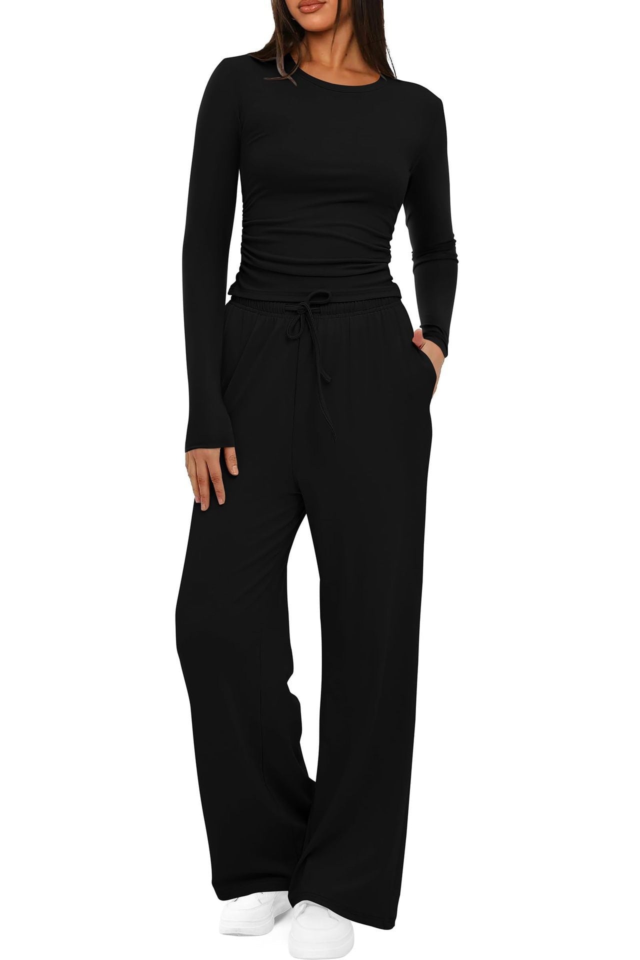 2 Pieces Women's Suit Autumn Winte Long Sleeve Tops High Waisted Wide Leg Pants Sportswear Female Clothes Solid Color Casual Suit - parlezmode.com