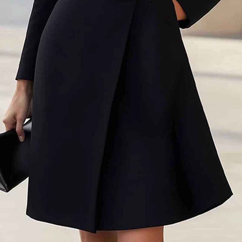 Women's Stand Collar Long Sleeve Dress, Elegant High Waist Belted Midi Dress, Slim Fit Office Formal Dress - parlezmode.com