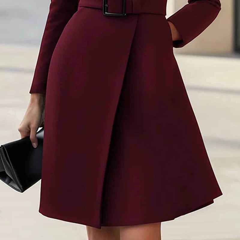 Women's Stand Collar Long Sleeve Dress, Elegant High Waist Belted Midi Dress, Slim Fit Office Formal Dress - parlezmode.com
